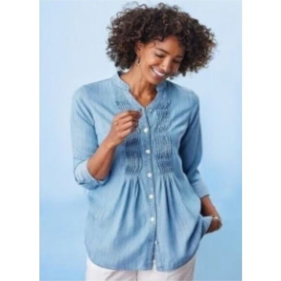 Soft Surroundings Tencel Chambray Tunic Top Blue Pleated M Long Sleeve EUC - Picture 1 of 8